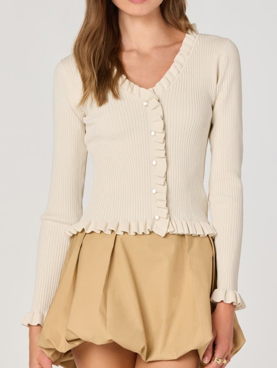 Astr The Label Cream Ruffled Ribbed Button-Front Cardigan - Picture 1 of 9